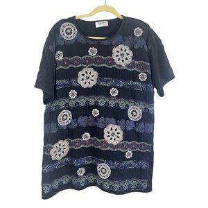 Again Collection Top Women S Black Floral Embroidery Retro 80s Granny Ribbed 80s